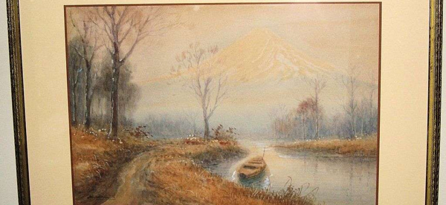 Japanese watercolor landscape of Mount Fuji with bare trees and a riverside boat