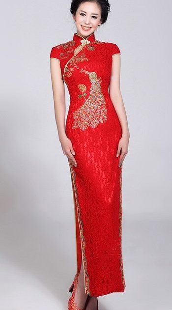 Red Qi Pao And Gold Bride Silk Rhinestone Peacock Fish Tail