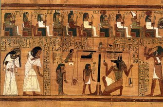 Ancient Egyptian Book of the Dead weighing of the heart scene showing Anubis Thoth and Osiris