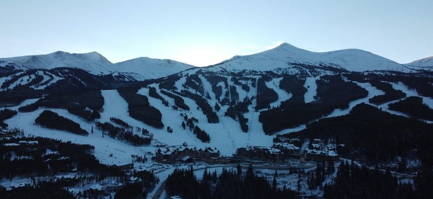 Breckenridge Colorado mountain ski resort village in winter with snow-covered peaks