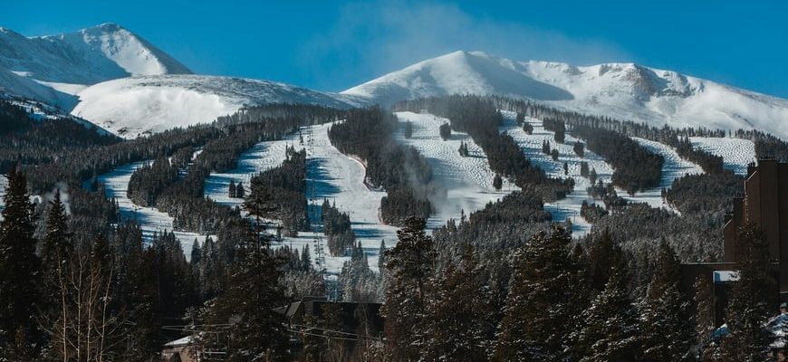 Breckenridge Ski Resort with snow-covered ski runs on Peaks 8 and 9 against Tenmile mountain peaks