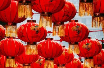Red Chinese lanterns with gold tassels hanging during Lunar New Year street festival