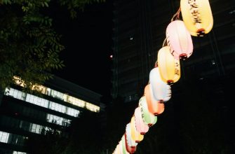 Colourful paper lanterns lit at a Japanese matsuri