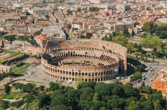 Aerial view of the Colosseum in Rome, Italy at dusk