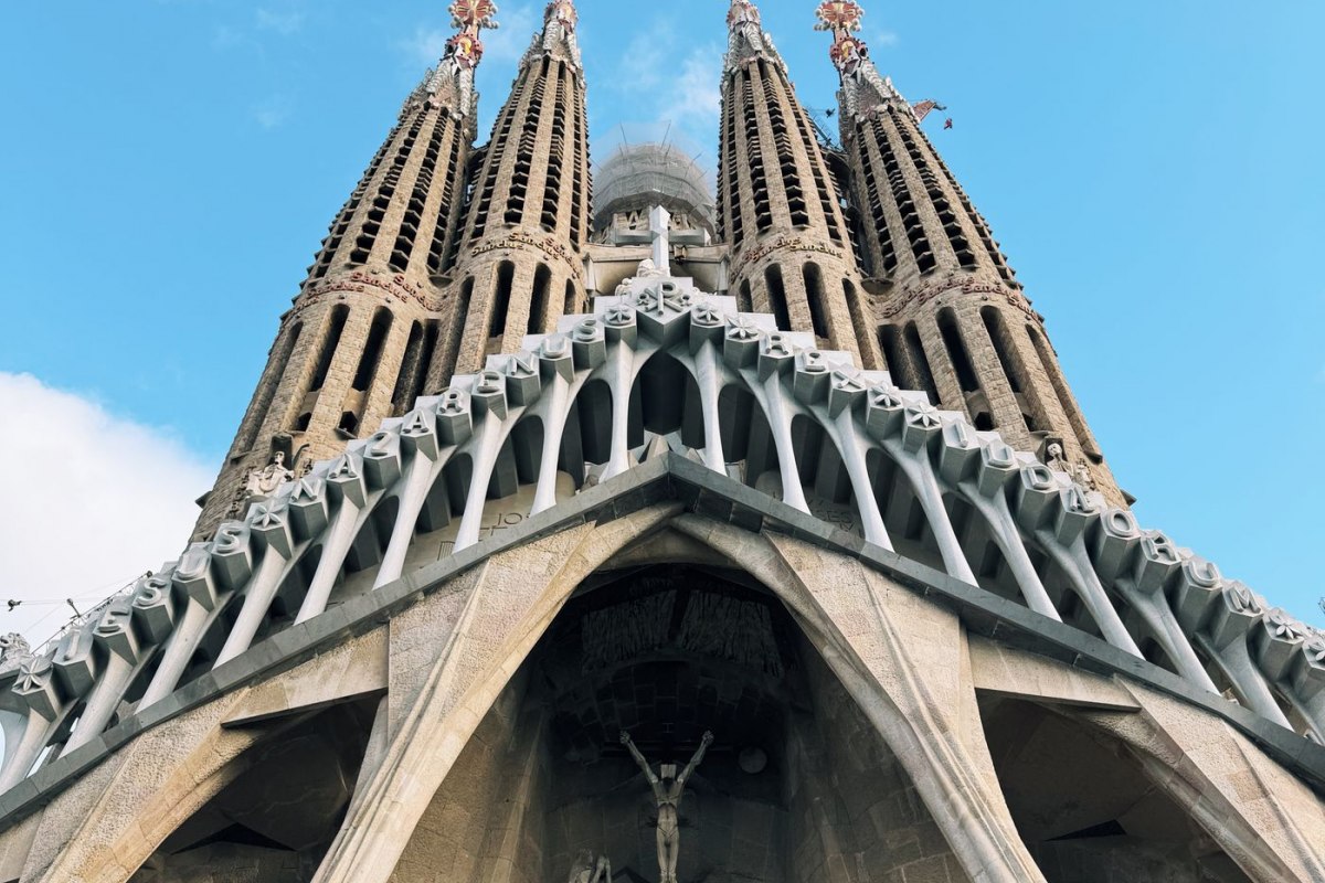 The spired towers of the Sagrada Familia against a clear blue sky