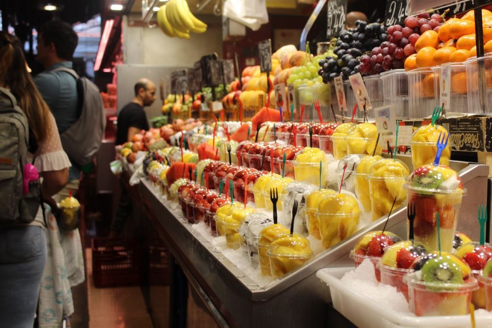 Fruit stalls inside La Boqueria market in Barcelona
