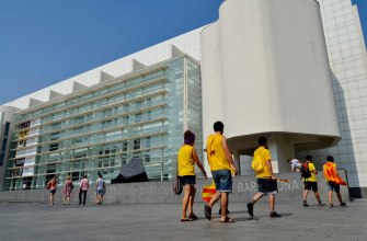 The white facade of the MACBA contemporary art museum and its plaza in Barcelona