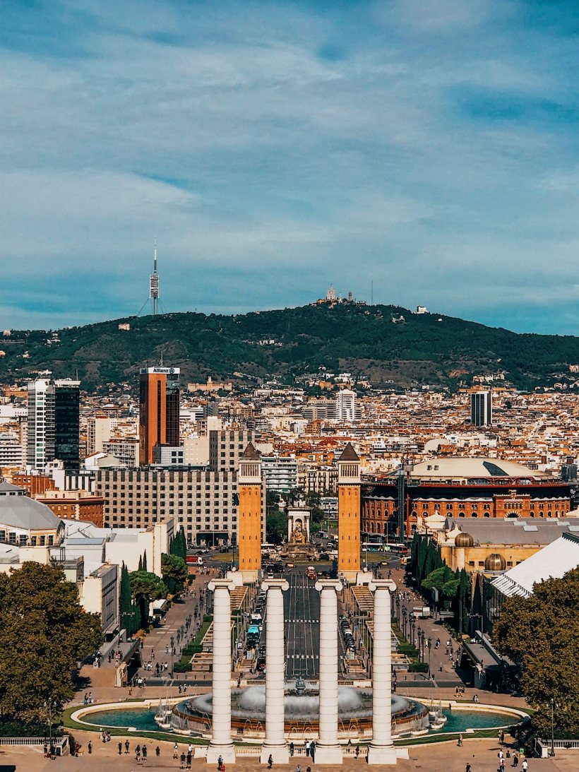 View from Montjuic over the Font Magica fountains toward the city