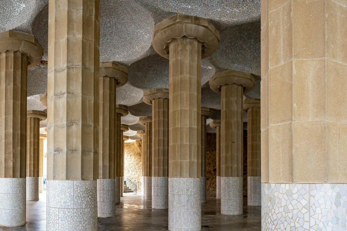 The Doric columns of the Hypostyle Hall beneath the terrace at Park Guell