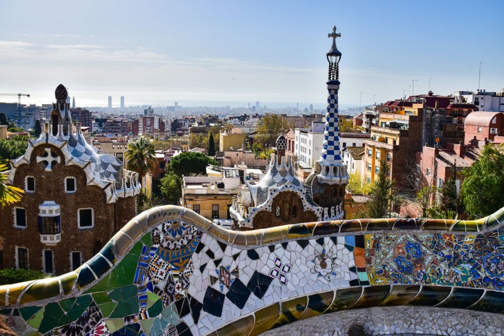 The trencadis mosaic bench and pavilions of Park Guell