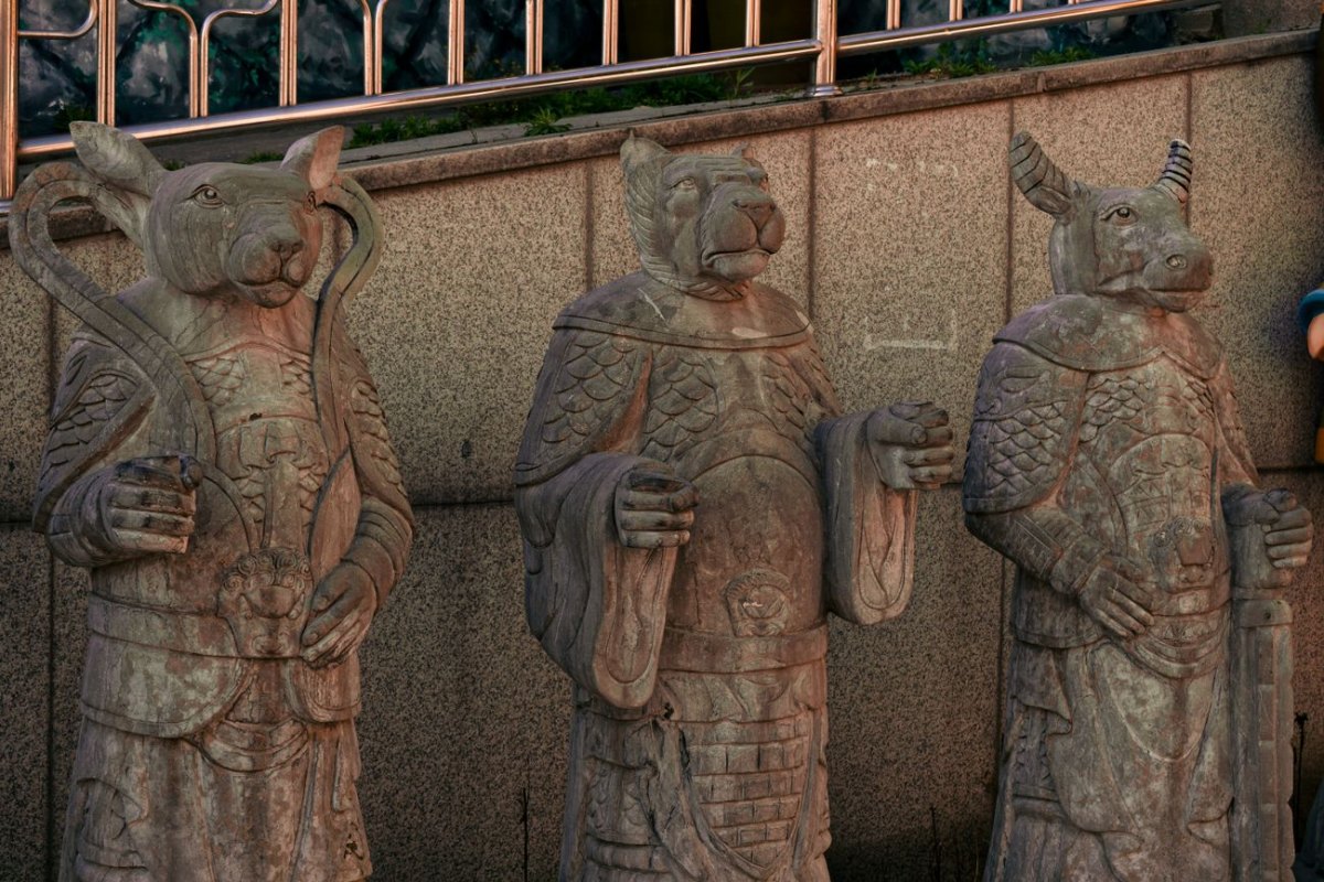 Stone figures of the Rat, Tiger and Ox from the twelve Chinese zodiac animals