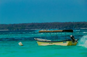 A small rental boat on turquoise water in the Florida Keys