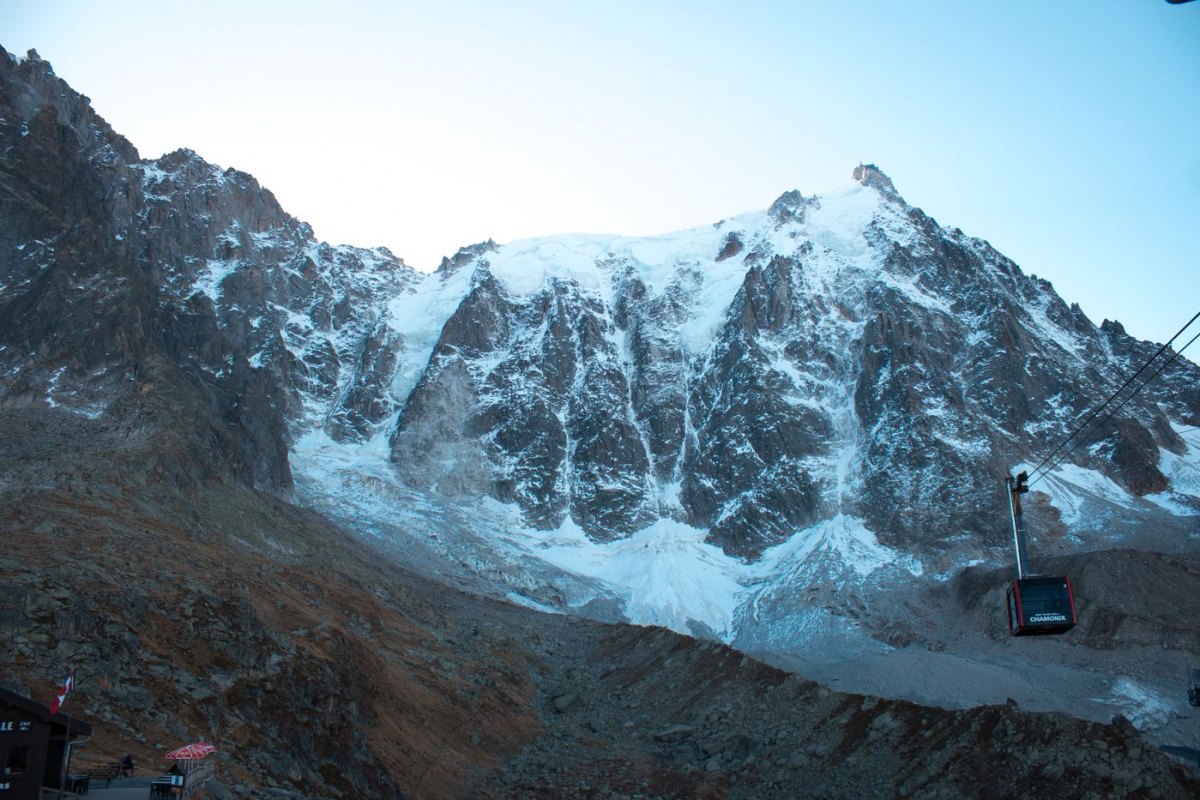 The snowy Mont Blanc massif above Chamonix in the French Alps