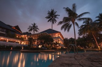 An elegant resort swimming pool with palm trees at dusk