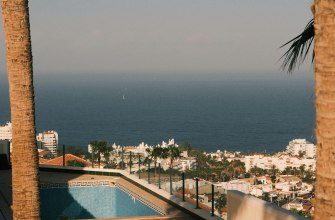 Holiday apartment terrace with a pool and palm trees by the sea