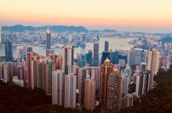 Hong Kong skyline and Victoria Harbour seen from Victoria Peak at sunset