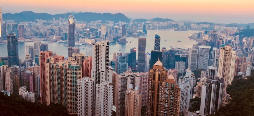 Hong Kong skyline and Victoria Harbour seen from Victoria Peak at sunset
