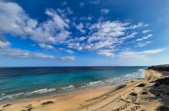 Pristine sandy beach with clear water on the Jandia coast of Fuerteventura