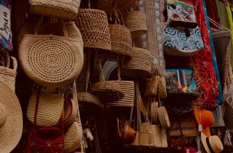 Woven straw bags and baskets at a market stall