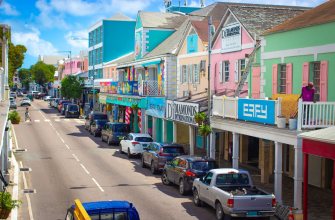 Colourful colonial shops on a street in Nassau