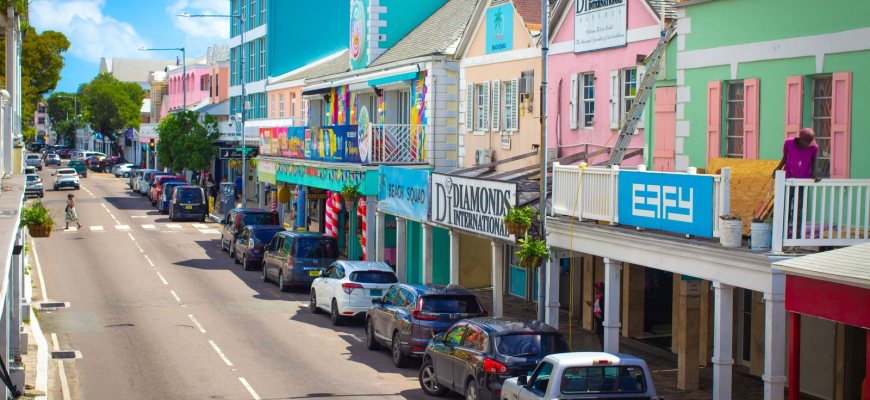 Colourful colonial shops on a street in Nassau