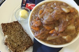 Traditional Irish stew served in a white bowl