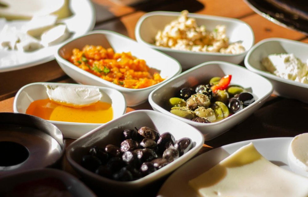 A table of Turkish meze served in small dishes