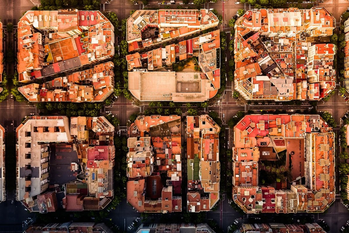 Aerial view of the octagonal blocks of the Eixample grid in Barcelona